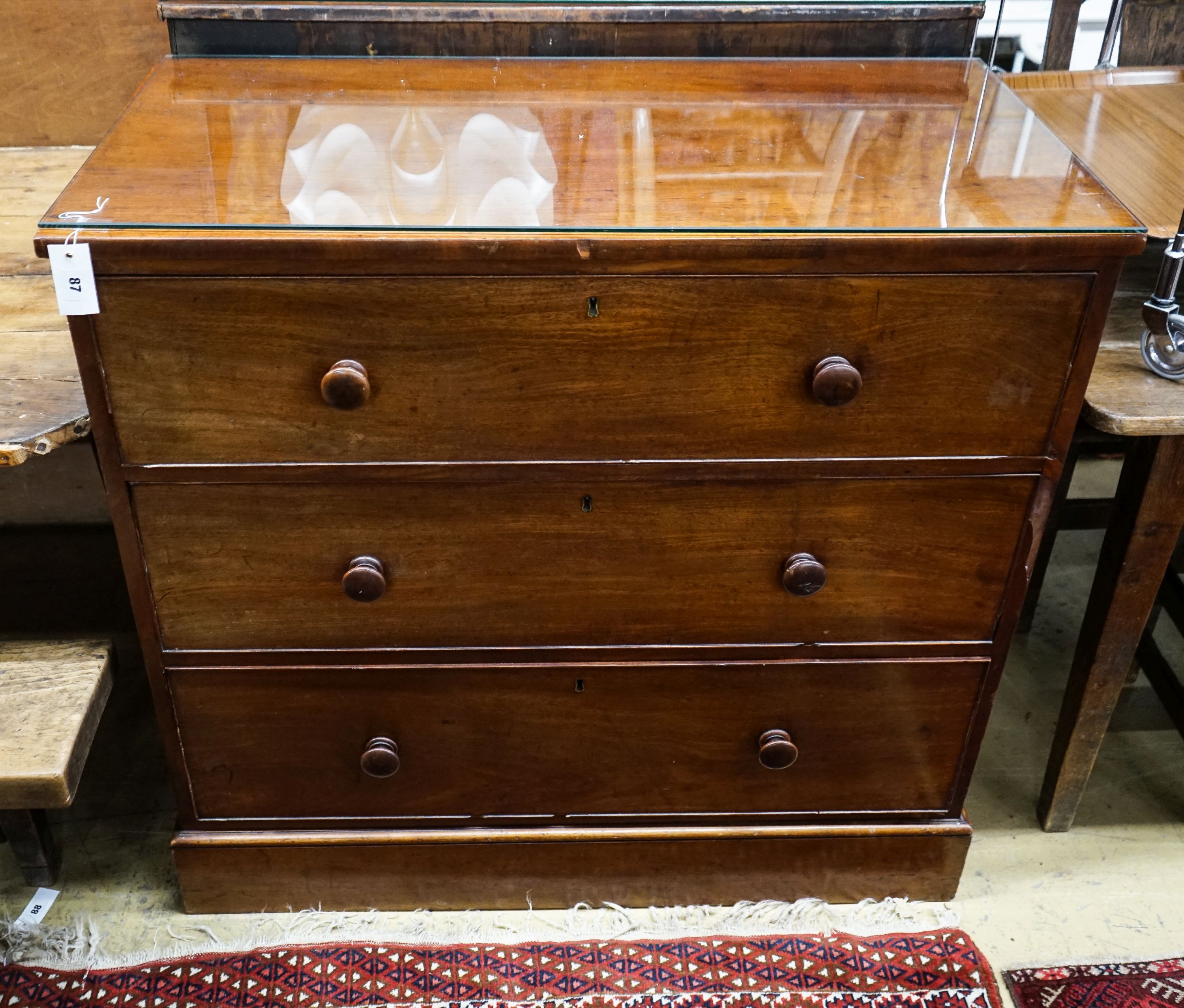 A Victorian mahogany three drawer chest, width 104cm, depth 53cm, height 98cm